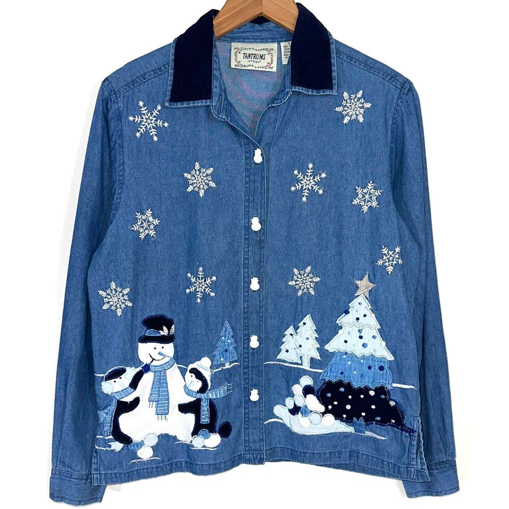 Vintage 90s Tantrums Denim Snowman Winter Snowy Trees Button Up Shirt Size S